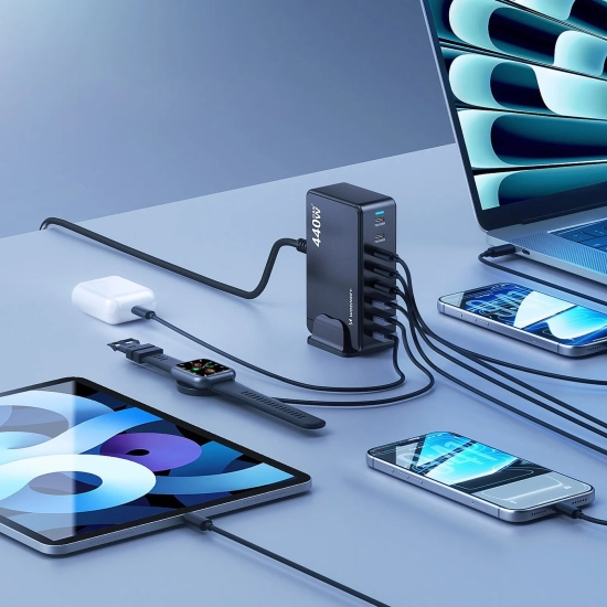 WOZINSKY Stacja ładująca biurkowa 3x USB-A 5x USB-C GaN QC3 440W - czarna