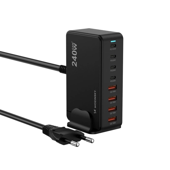 WOZINSKY Stacja ładująca biurkowa 4x USB-A 4x USB-C GaN QC3 240W - czarna