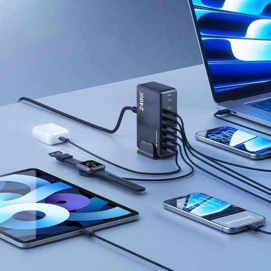 WOZINSKY Stacja ładująca biurkowa 4x USB-A 4x USB-C GaN QC3 240W - czarna