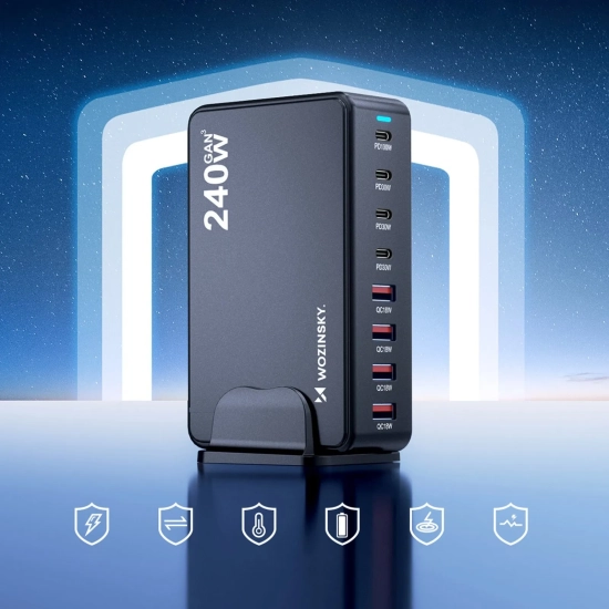 WOZINSKY Stacja ładująca biurkowa 4x USB-A 4x USB-C GaN QC3 240W - czarna