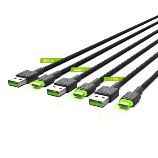 Green Cell Zestaw 3 kabli GC Ray USB-A–USB-C 200 cm LED