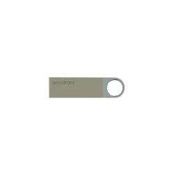 Pendrive GOODRAM UUN2 32 GB, model UUN2-0320S0R11, srebrna stalowa obudowa bez zatyczki z oczkiem do przypięcia.