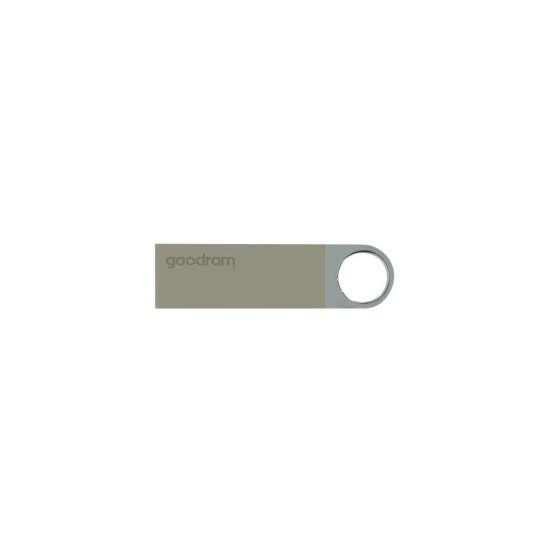 Pendrive GOODRAM UUN2 32 GB, model UUN2-0320S0R11, srebrna stalowa obudowa bez zatyczki z oczkiem do przypięcia.