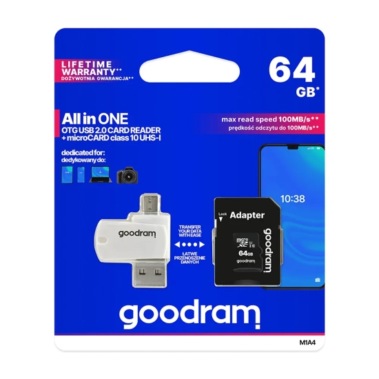 Karta microSDHC GOODRAM 64 GB z adapterem i czytnikiem M1A4-0640R12