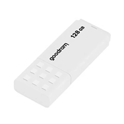 Pendrive GOODRAM UME2 128 GB, model UME2-1280W0R11, biała obudowa ze złączem USB-A i zdejmowaną zatyczką.