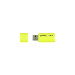 Pendrive GOODRAM UME2 128 GB, model UME2-1280Y0R11, żółta obudowa ze złączem USB-A i zdejmowaną zatyczką.
