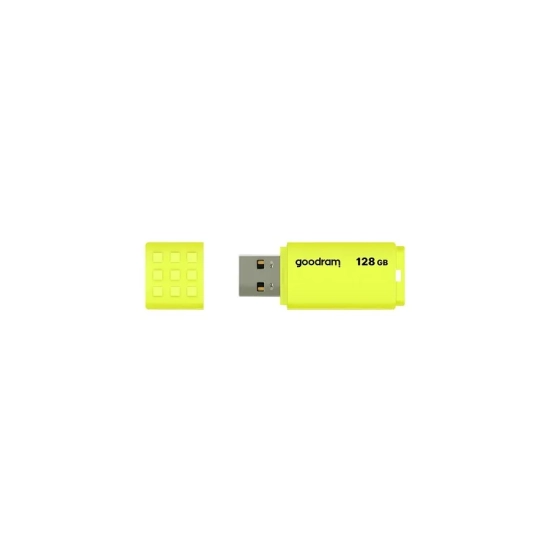 Pendrive GOODRAM UME2 128 GB, model UME2-1280Y0R11, żółta obudowa ze złączem USB-A i zdejmowaną zatyczką.
