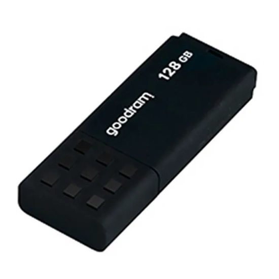 Pendrive GOODRAM UME3 128 GB, model UME3-1280K0R11, czarna obudowa ze złączem USB-A i zdejmowaną zatyczką.