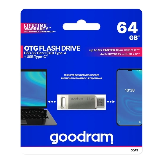 Pendrive GOODRAM 64 GB dwa złącza USB 3.2 + USB-C OTG ODA3 srebrny