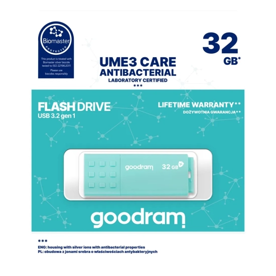 Pendrive Goodram UME3 Care 32 GB w kolorze turkusowy, wariant z USB-A.