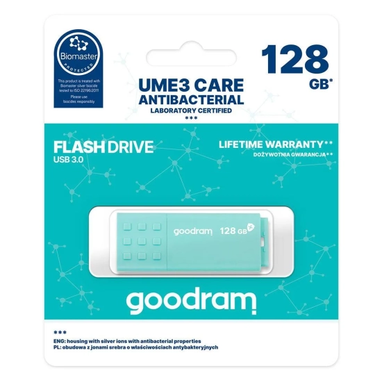 Pendrive GOODRAM UME3 CARE 128 GB w kolorze zielony, ze złączem USB-A.