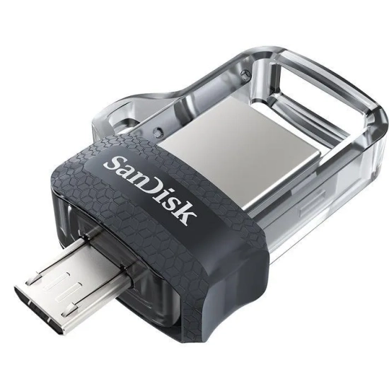 Pendrive SanDisk Ultra Dual Drive m3.0 64 GB szaro-srebrny, model SDDD3-064G-G46, złącza USB-A i micro-USB.