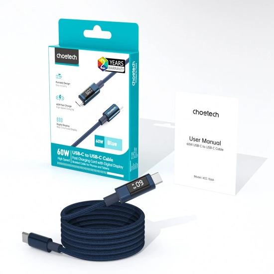 CHOETECH Kabel przewód USB-C z wyświetlaczem PD 60 W 1.2 m - niebieski