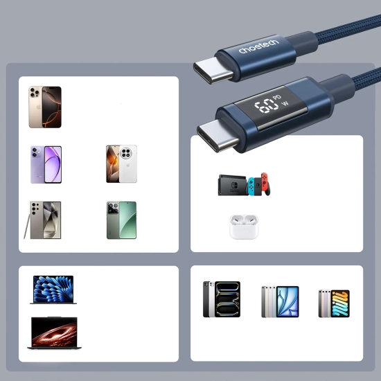 CHOETECH Kabel przewód USB-C z wyświetlaczem PD 60 W 1.2 m - niebieski