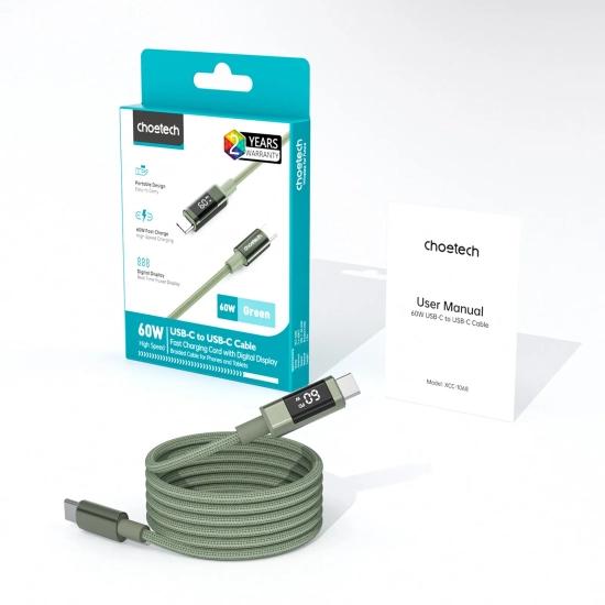 CHOETECH Kabel przewód USB-C z wyświetlaczem PD 60 W 1.2 m - zielony