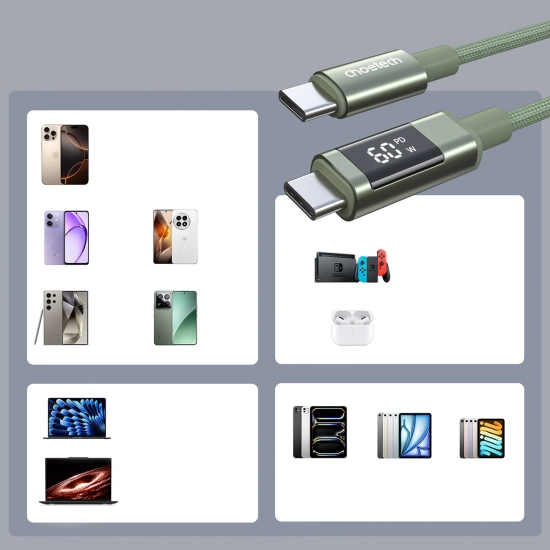 CHOETECH Kabel przewód USB-C z wyświetlaczem PD 60 W 1.2 m - zielony