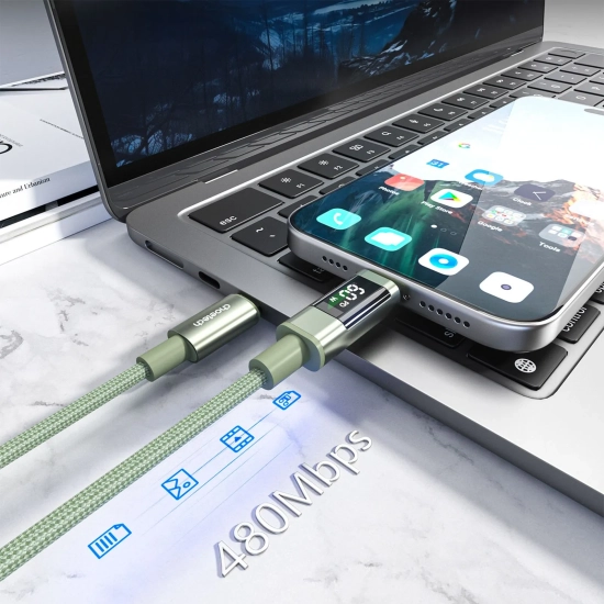 CHOETECH Kabel przewód USB-C z wyświetlaczem PD 60 W 1.2 m - zielony