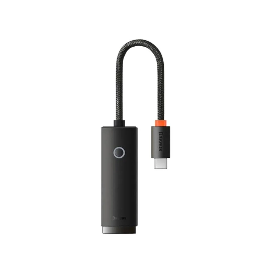 Czarny adapter sieciowy Baseus Lite Series z wtykiem USB-C i gniazdem RJ45.