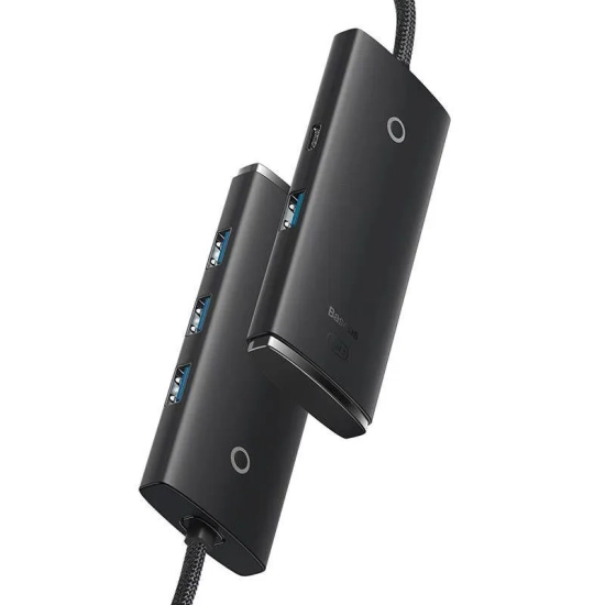 Czarny hub Baseus Lite Series z czterema portami USB 3.0 i przewodem USB-A.