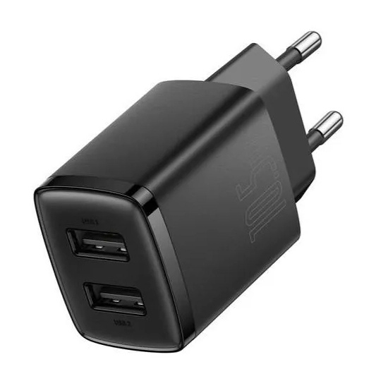 Baseus Compact ładowarka sieciowa 10.5W 2x USB czarna — wariant produktu marki Baseus, kolor czarny, moc do 10.5W.