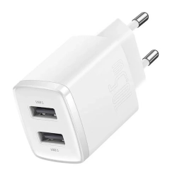Biała ładowarka sieciowa Baseus Compact CCXJ010202 z dwoma portami USB-A.