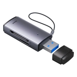 Szary czytnik kart Baseus Lite WKQX060013 z wtykiem USB-A oraz slotami SD i microSD.