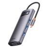 Szary hub USB-C Baseus Metal Gleam 7w1 z HDMI, VGA, trzema USB, RJ45 i Power Delivery.