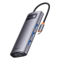 Szary hub USB-C Baseus Metal Gleam 7w1 z HDMI, VGA, trzema USB, RJ45 i Power Delivery.