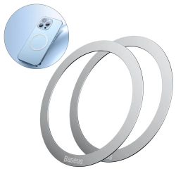 Dwa srebrne pierścienie magnetyczne Baseus Halo Series do telefonu lub etui.