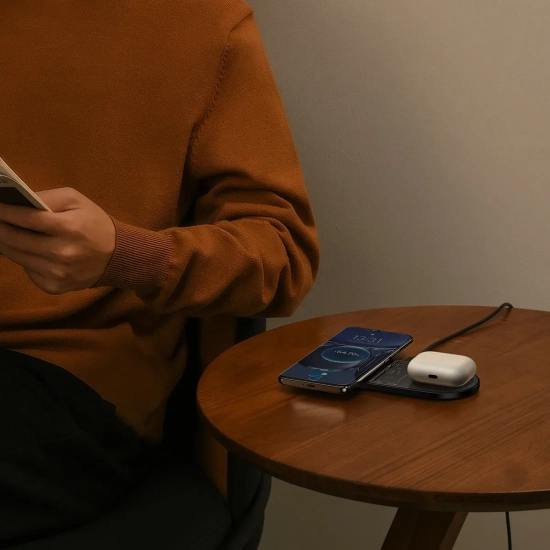 Podwójna ładowarka bezprzewodowa QI z wyświetlaczem USB-C 20W - czarny