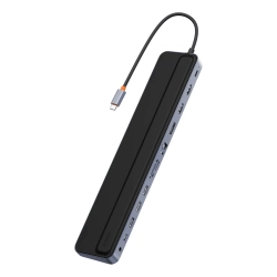 Szary hub Baseus EliteJoy Gen2 12w1 pełniący funkcję podstawki pod notebook, z portami obrazu, USB i RJ45.