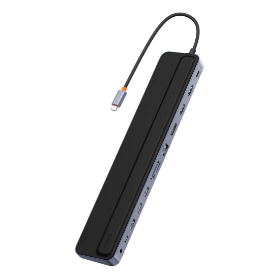 Szary hub Baseus EliteJoy Gen2 12w1 pełniący funkcję podstawki pod notebook, z portami obrazu, USB i RJ45.