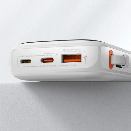 Baseus QC-PD-SCP-FCP powerbank 10000 mAh 20 W zwijany kabel biały