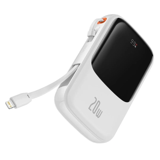 Baseus QC-PD-SCP-FCP powerbank 10000 mAh 20 W zwijany kabel biały