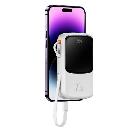 Baseus QC-PD-SCP-FCP powerbank 10000 mAh 20 W zwijany kabel biały