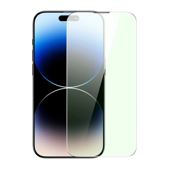 Przezroczyste szkło hartowane Baseus do iPhone 14 Pro Max z filtrem Anti Blue Light i ramką montażową.