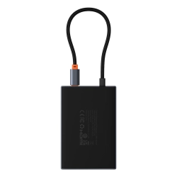 Szary hub USB-C Baseus PioneerJoy 8w1 z wyjściami DisplayPort, HDMI i VGA oraz portami USB.