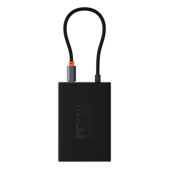 Szary hub USB-C Baseus PioneerJoy 8w1 z wyjściami DisplayPort, HDMI i VGA oraz portami USB.