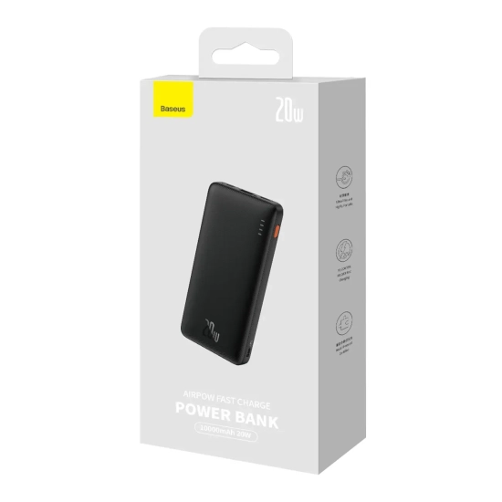 Powerbank Airpow 20W 10000mAh z kablem USB-A - USB-C 30cm - czarny