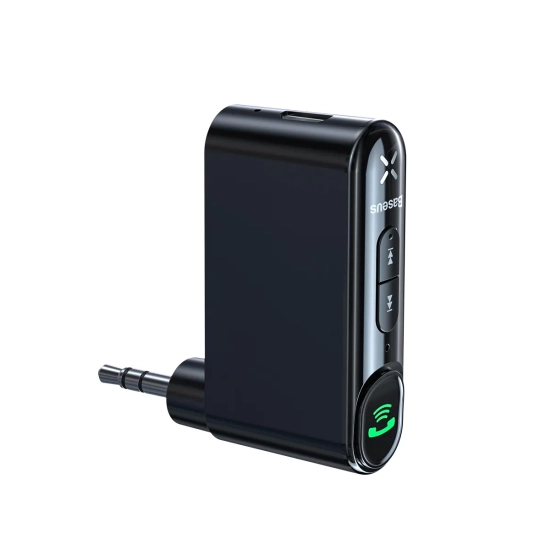 Czarny transmiter Bluetooth Baseus BSBA-02 z przewodem i złączem AUX 3,5 mm.