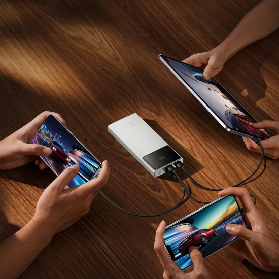Powerbank 10000mAh USB-A USB-C z wyświetlaczem kablem 22.5W - biały