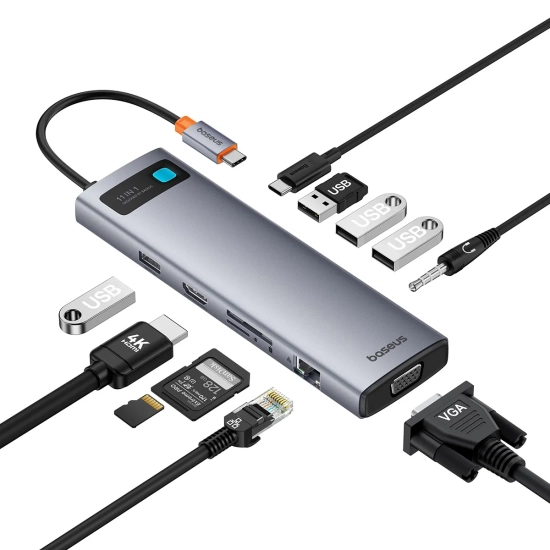 Szary hub USB-C Baseus Metal Gleam 11w1 z HDMI, VGA, USB, RJ45, audio i czytnikami kart.