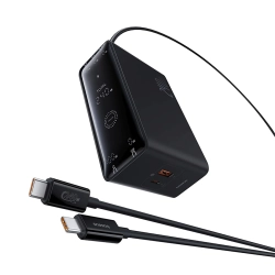 Czarna ładowarka biurkowa Baseus Digital GaN 240 W z ekranem, portami USB-C, USB-A i wyjściem DC.