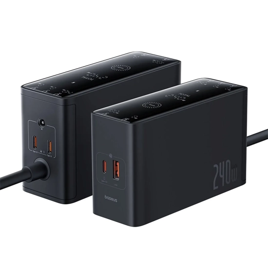 Ładowarka sieciowa USB-A USB-C GaN 240W z kablem zasilającym - czarna