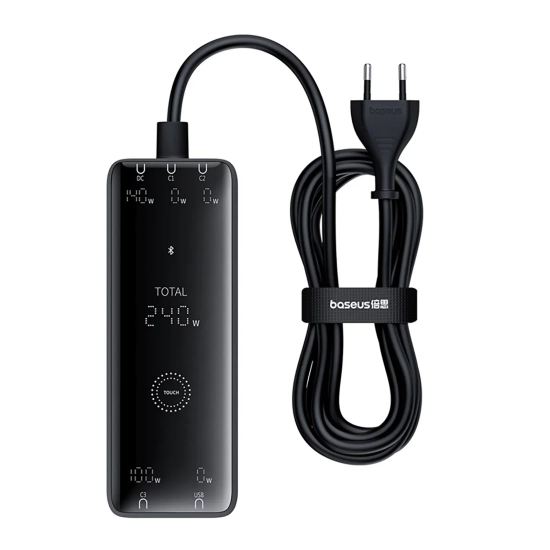 Ładowarka sieciowa USB-A USB-C GaN 240W z kablem zasilającym - czarna