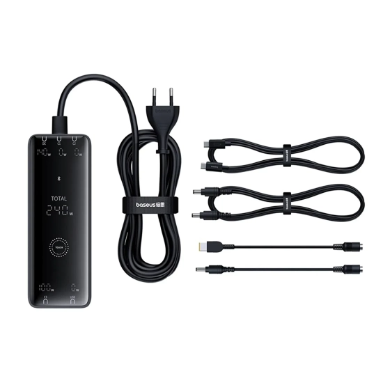Ładowarka sieciowa USB-A USB-C GaN 240W z kablem zasilającym - czarna
