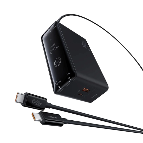 Czarna ładowarka biurkowa Baseus Digital GaN 240 W z ekranem, portami USB-C, USB-A i wyjściem DC.