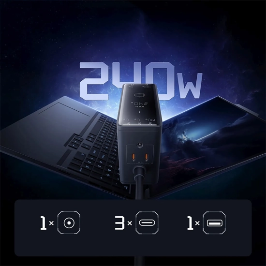 Baseus Ładowarka biurkowa Digital GaN 240 W 3x USB-C USB-A