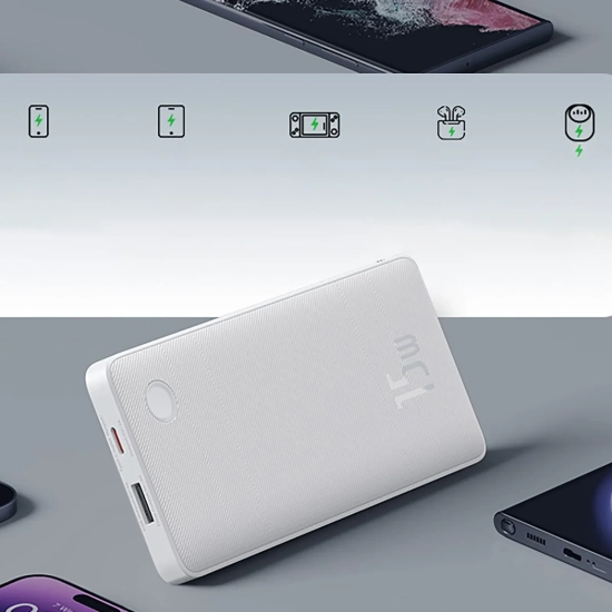 Powerbank 10000mAh 15W Airpow Lite z kablem USB-A - USB-C 30cm - biały