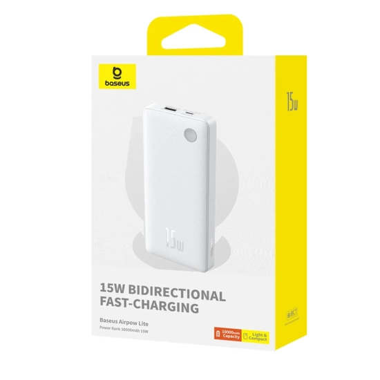Powerbank 10000mAh 15W Airpow Lite z kablem USB-A - USB-C 30cm - biały